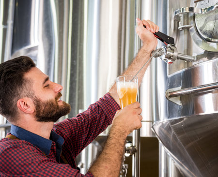 Young brewer wearing a leather apron is testing beer at a modern brewery