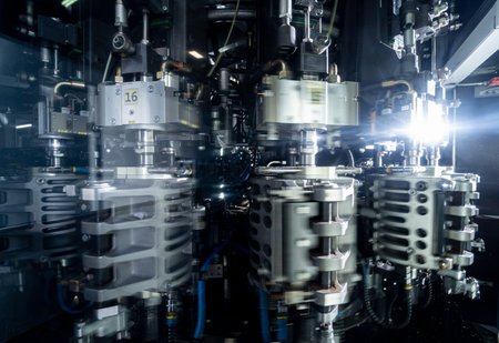 Automatic filling machine pours water into plastic PET bottles at modern beverage plant.