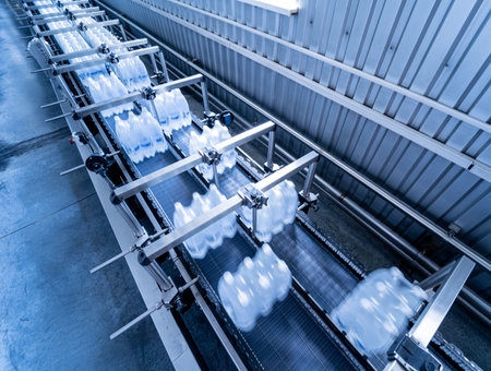 Modern strapping and transporting machine for packaging line at beverage plant.