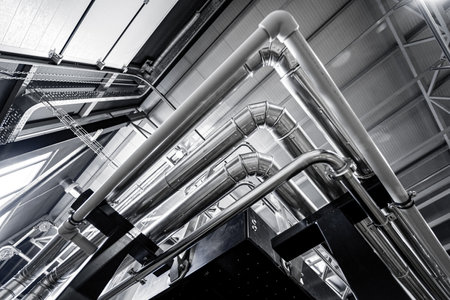 Pipes and fittings at a craft modern breweryの写真素材