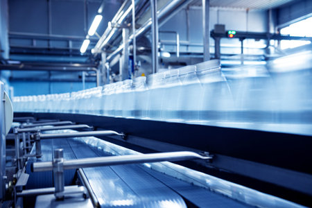 Conveyor belt with bottles of drinking water at a modern beverage plant.
