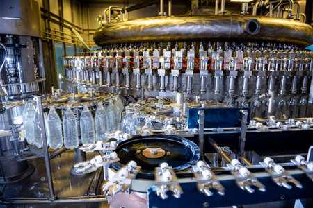 Automatic filling machine pours water into plastic PET bottles at modern beverage plant.