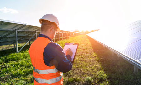Inspector examination of photovoltaic modules using a thermal imaging cameraの写真素材