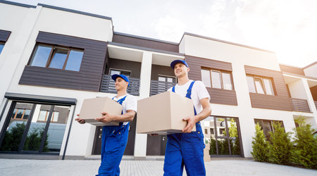 Two removal company workers are loading boxes and furniture into a minibus.