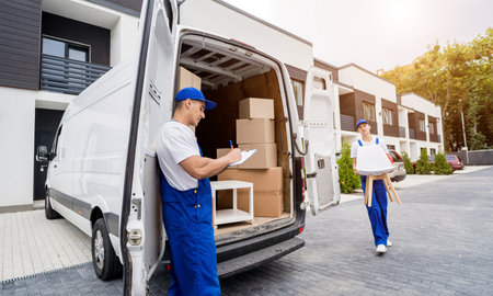 Two removal company workers are loading boxes and furniture into a minibus.の写真素材