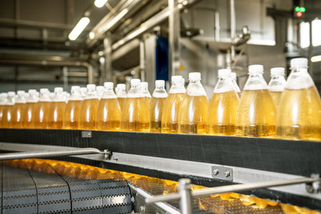 Conveyor belt with bottles for juice or water at a modern beverage plant