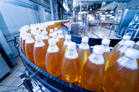 Conveyor belt with bottles for juice or water at a modern beverage plant