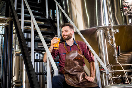 Young male brewer in leather apron at modern brewery factoryの写真素材