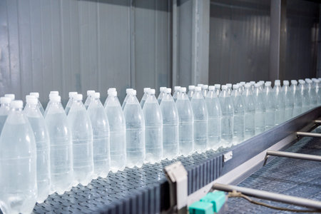 Conveyor belt with bottles of drinking water at a modern beverage plant.