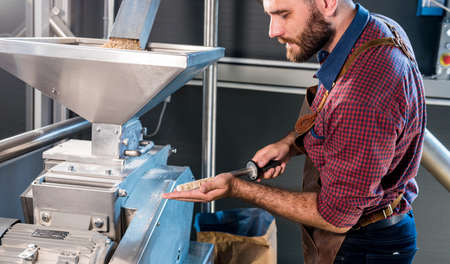 A young brewer in a leather apron controls the grinding of malt seeds in a mill at a modern breweryの写真素材