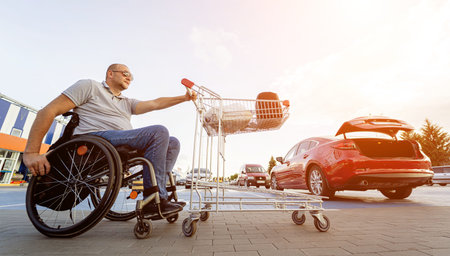 Person with a physical disability pushing cart in front of himself at supermarket parking