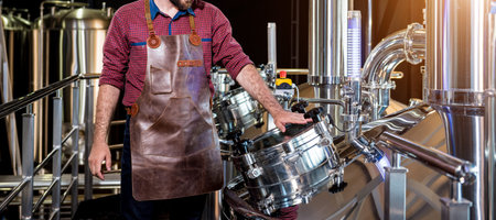 Young male brewer in leather apron supervising the process of beer fermentation at modern brewery factoryの写真素材