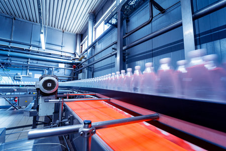 Conveyor belt with bottles of drinking water at a modern beverage plant.