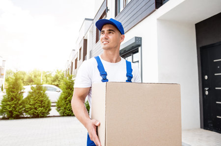 Young delivery man hold a cardboard box in his hands