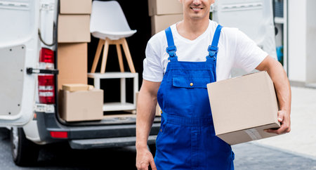 Removal company worker unloading boxes from minibus into customers home