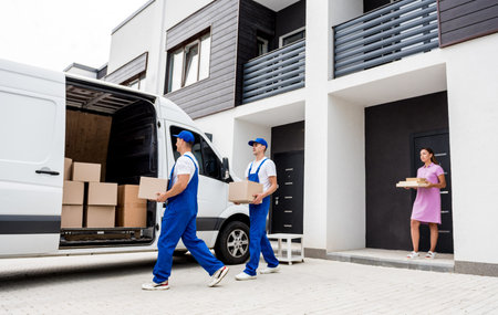 Two removal company workers are loading boxes into a minibus.