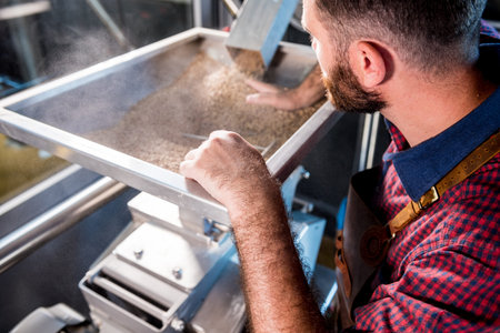 A young brewer in a leather apron controls the grinding of malt seeds in a mill at a modern brewery