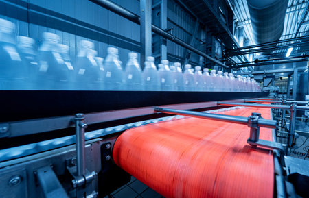 Conveyor belt with bottles of drinking water at a modern beverage plant.