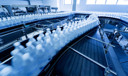 Conveyor belt with bottles of drinking water at a modern beverage plant.