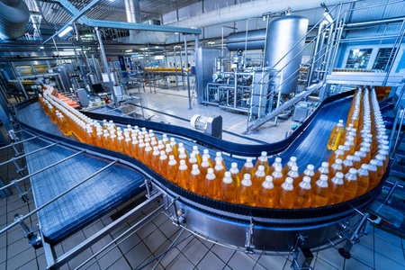 Conveyor belt with bottles for juice or water at a modern beverage plant