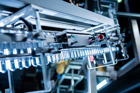 Automatic filling machine pours water into plastic PET bottles at modern beverage plant.