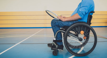 Adult man with a physical disability in a wheelchair playing tennis on indoor tennis court
