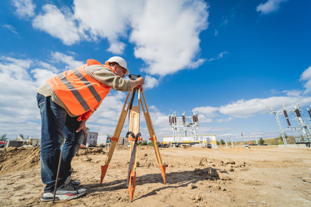 Surveyor worker with theodolite equipment at construction siteの写真素材