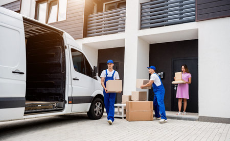 Two removal company workers are loading boxes into a minibus.