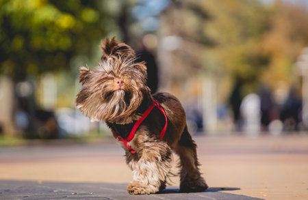 Portrait of cute yorkshire terrier dog at the park.