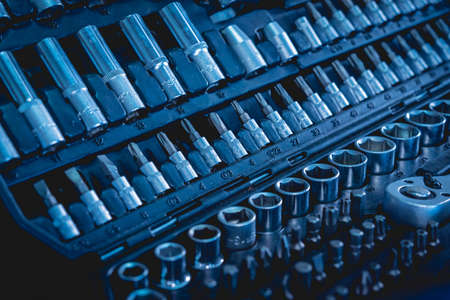 A set of mechanics tools on the table at car serviceの写真素材