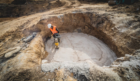 Worker uses a portable vibration rammer at construction of a power transmission substation