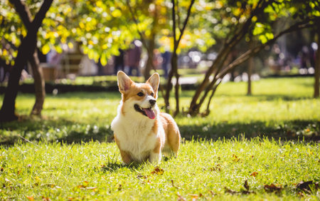 Portrait of cute welsh corgi dog at the park.の写真素材