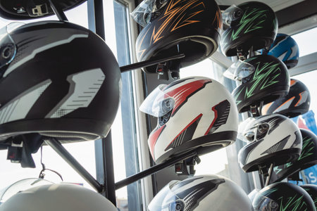 Row of helmets for go kart racing.の写真素材