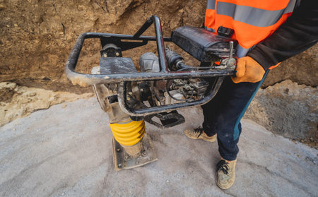 Worker uses a portable vibration rammer at construction of a power transmission substation