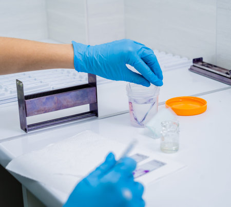 Hands in blue glove holding glass histology slides