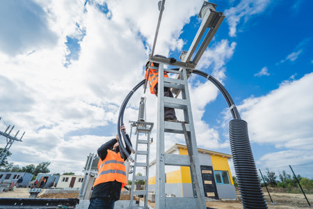 Two electrician builder workers installing high-voltage cable
