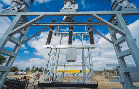 Construction of a power transmission substation on a background of blue sky