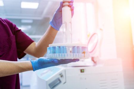 Laboratory assistant works with microwave hybrid tissue processor at the modern laboratory.