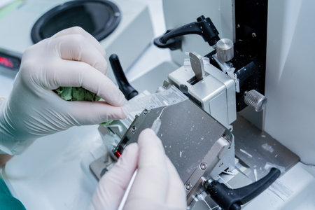 Laboratory assistant works on a rotary microtome section and making microscope slidesの写真素材