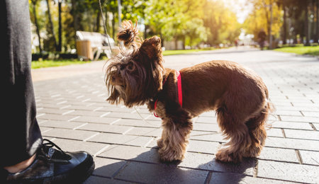 The owner walks the yorkshire terrier dog in the park.の写真素材