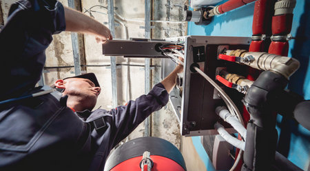 Air conditioning technician is checking air conditioner