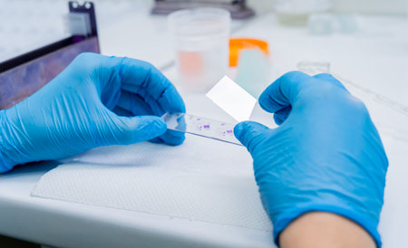 Hands in blue glove holding glass histology slides