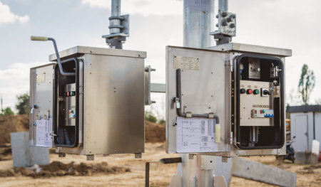 Construction of a power transmission substation on a background of blue sky