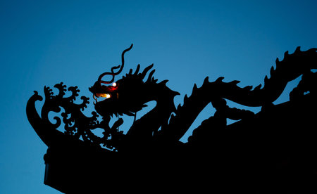 A Big beautiful Chinese temple at sunsetの写真素材