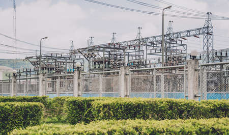 High voltage electric power plant current distribution substationの写真素材