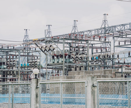 High voltage electric power plant current distribution substation
