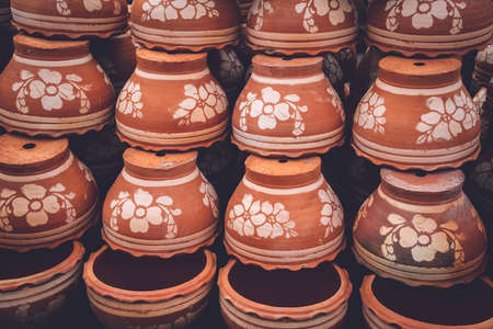 Row of garden pots for plants and seedlingsの写真素材