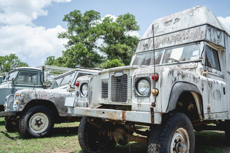 Old rusty cars for safari in the jungle of Africa