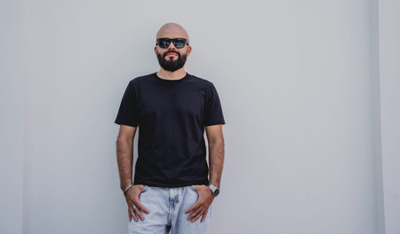 Male model with beard wearing black blank t-shirt on the background of an white wall