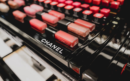 PHUKET, THAILAND - MAY 29, 2022: A rows of Chanel brand lipsticks in a case on the supermarket showcaseのeditorial素材